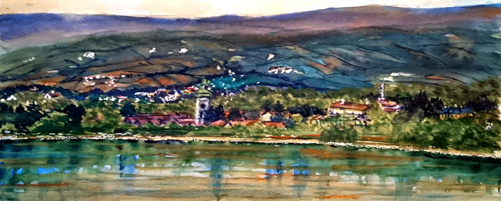 Varga Éva:: Szob, és mögötte Helemba látképe, akvarell, 2019, magángyűjteményben