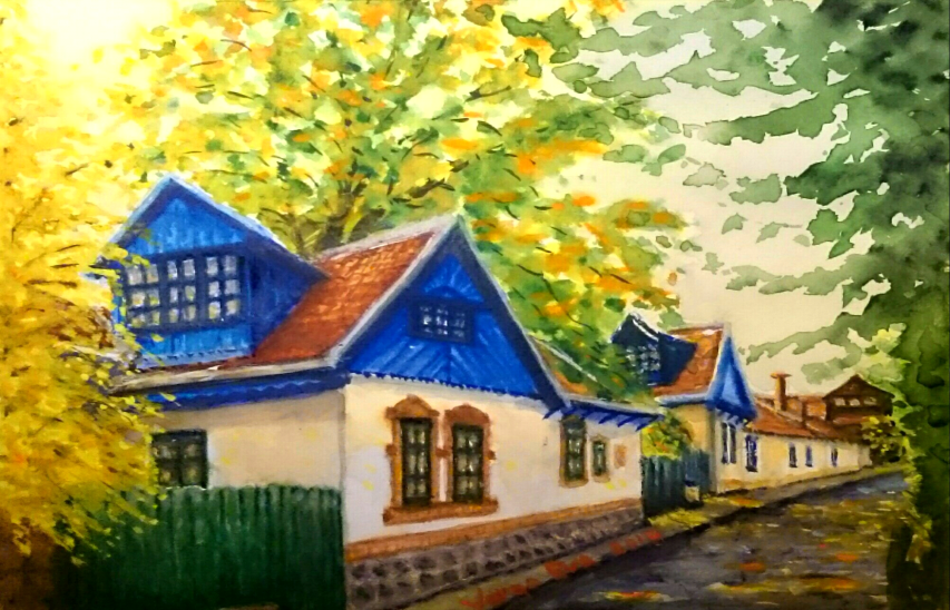 Varga Éva:: Ősz a Napraforgó házaknál, Zebegényben,akvarell, 2020