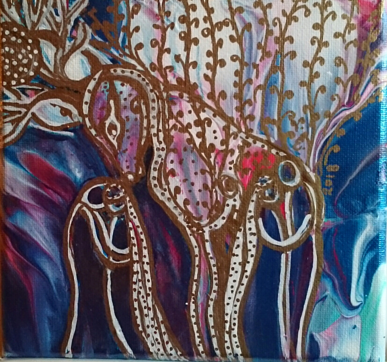 Varga Éva:: Csodaszarvas Hunorral, Magorral, és feleségeikkel, akril, vászon, 2019