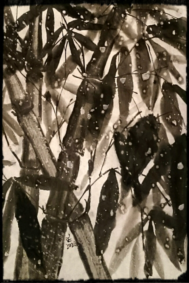 Varga Éva:: Bambuszok esőben, tus, rizspapír 